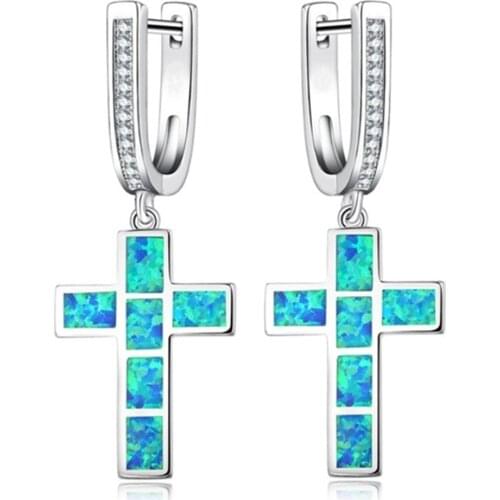 FDLK Beautiful Blue Artificial Fire Opal Cross Dangle Earrings For Party Accessory Women Wedding Earrings Jewelry Gift