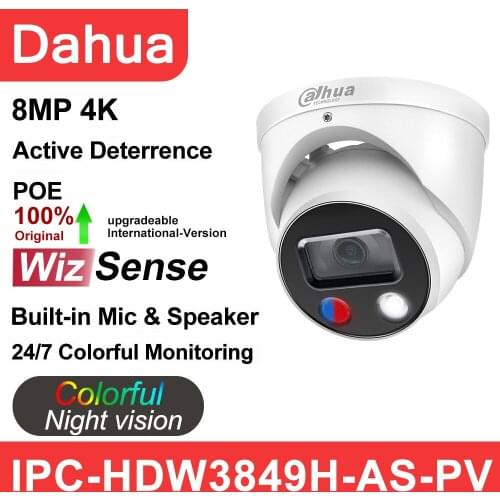 Dahua IP Camera 8MP IPC-HDW3849H-AS-PV Full-Color Active Deterrence 4K 5MP HD POE Built-in Microphone Speaker IP Camera WizSense