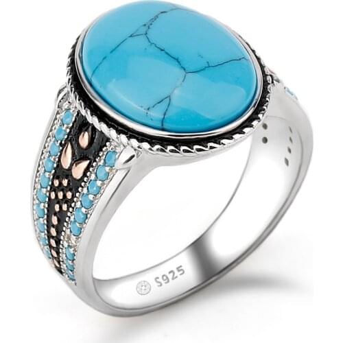 Turquoise Ring for Men 925 Sterling Silver Vintage Sky Blue Stone Life Track Significance Rings Women Male Wedding Lucky Jewelry