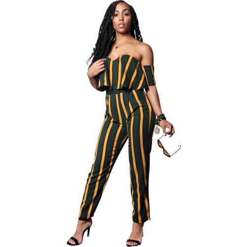 Women Sexy Matching TWO PIECE SET Off Shoulder Outfits Crop Top Ruffle Long Pants Striped Casual Outfit