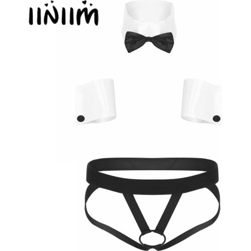 Gay Mens Lingerie Set Sexy Role Play Costume Nightwear Collar Cuffs with Low Rise Open Butt O ring Crotchless Thongs Underwear