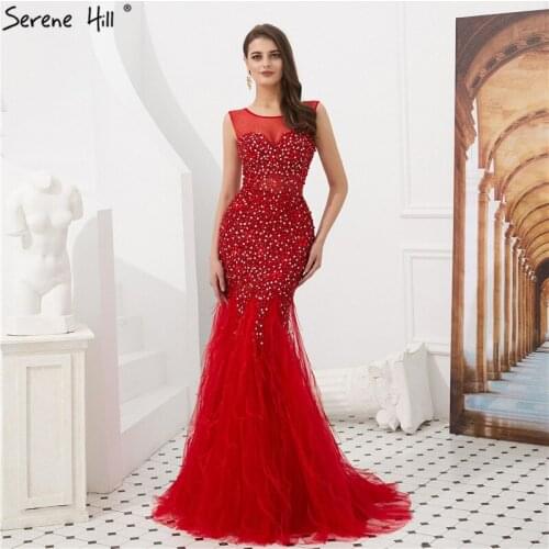 Serene Hill Sexy Sheer Neckline Red Mermaid Evening Dress Formal Dress Party Gown Vestidos De Festa Robe De Soiree BLA6587