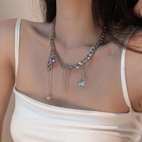 Personality Silver Color Cuban Chain Necklace Water Drop Zircon Butterfly Pendant Necklace Hip Hop Chain Jewelry for Women Gifts