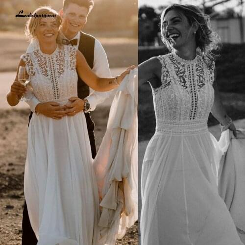Summer High Neck Wedding Dresses 2021 White Lace Bridal Gowns Chiffon Beach Bohemian Party Floor Lenth Custom Made