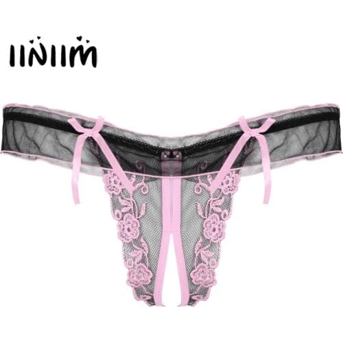 Mens Lingerie Crotchless Thongs Sissy Panties Flower Embroidery Lace Trim Elastic Waistband T-back Bowknot Underpants Underwear