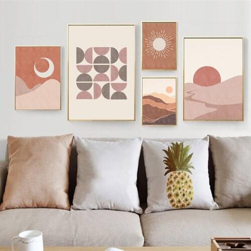 Boho Sun Moon Star Wall Art Canvas Painting Mountain Landscape Poster Beige Art Print Nordic Pictures Living Room Home Decor