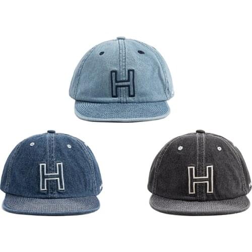Flat Brim Hat Short Brim Baseball Cap H Embroidery Hats for Women Men Outdoor Visor Washed Denim Cap Casual Snapback Hats Gorras