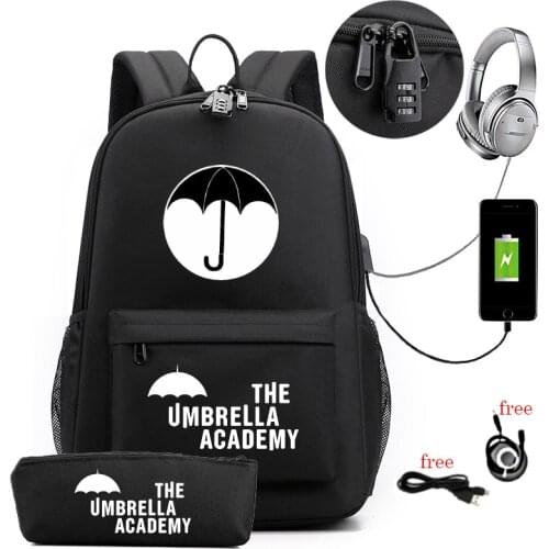 The Umbrella Academy USB Backpack Women Men Teenager School Bag Women USB Travel Rucksack Large Mochila Escolar 2 pcs set Bags