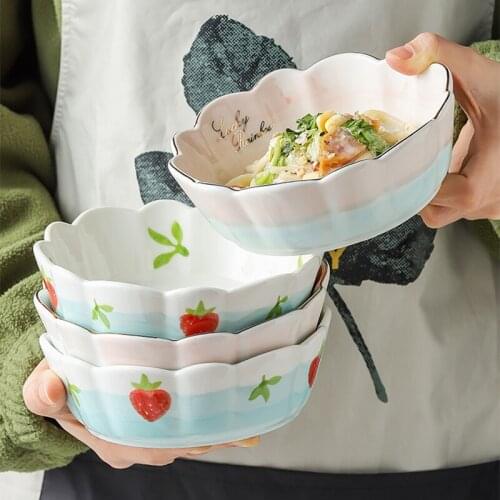 Salad bowl ceramic Strawberry rainbow pattern Restaurant kitchen dessert bowl Childrens soup bowl Fruit bowl tableware