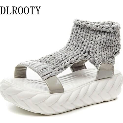 Women Sandals Summer Fashion Woolen Platform Gladiator Wedges Shoes Breathable Flats Slides Peep Toe Slip On Solid Lady Casual