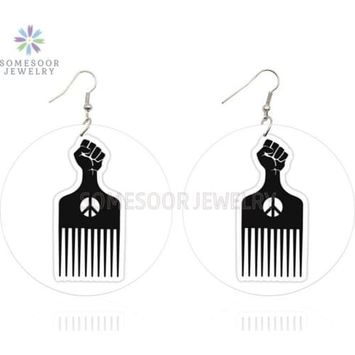 SOMESOOR Both Sides Print Afro Comb Power Fist Wooden Drop Earrings Peace Symbol African Wood Ear Dangle Jewelry For Women Gift