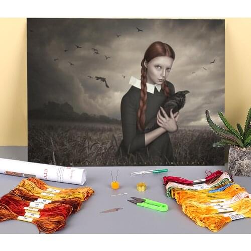 Woman Girl Printed Fabric 11CT Cross Stitch Embroidery Full Kit DMC Threads Handicraft Knitting Painting Handmade Adults