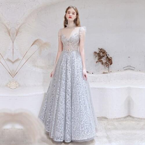 Dubai Evening Dresses 2021 New Arrival Light Gray Silver Sexy Sheer Neck Lace Beaded Beading Crystal Formal Floor Length Gown
