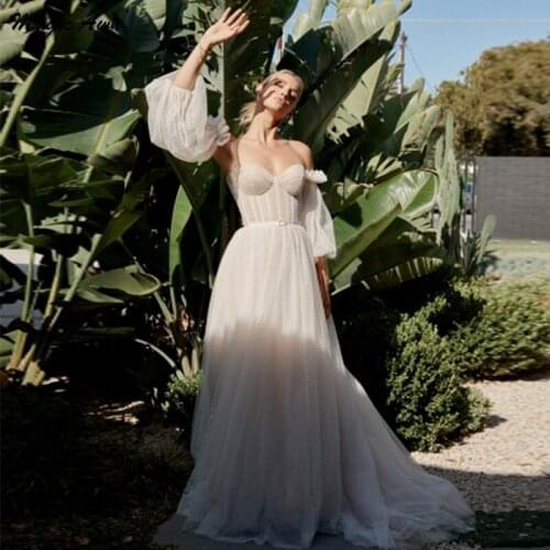 Magic Awn Champagne Tulle Boho Wedding Dresses With Detachable Sleeves Beach A-Line Sweetheart Country Bohemian Wedding Gowns