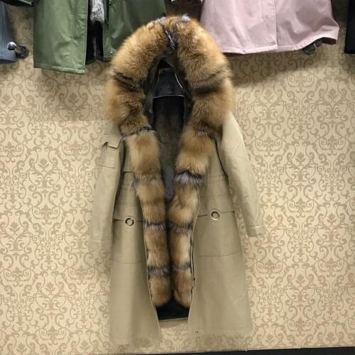 Natural fur parka jacket women winter warm fashion coat rabbit fur liner with big fox fur collar hot sale