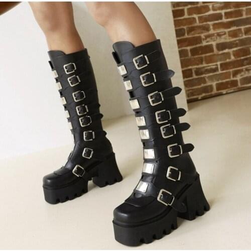 Rome Thick Sole Platform Short Boots Fashion Buckle Straps Black Knee High Boots for Lady Winter Metal Decoration Big Size 44