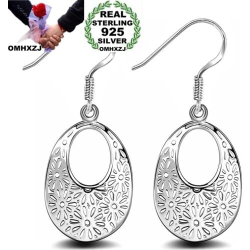 OMHXZJ Wholesale Personality Fashion Woman Girl Party Wedding Silver Hollowed Engraved Oval 925 Sterling Silver Earrings YE492