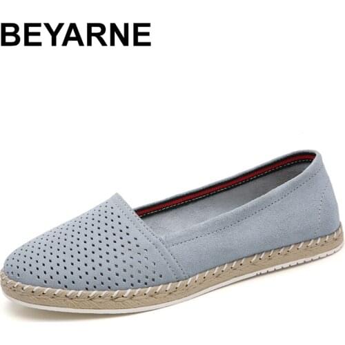 BEYARNE2019 Summer Split Leather Hollow Out Women Flat Shoes Slip-on Spring Round Toe Women Casual Shoes Big SizeE991