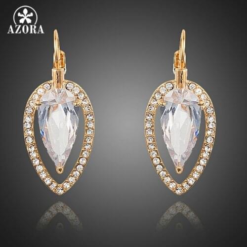 AZORA Unique Double Water Drop With Gold Color Clear Cubic Zirconia Dangle Earrings for Women TE0219