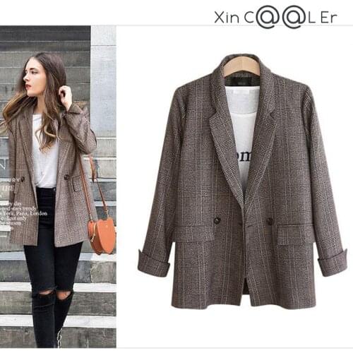 Spring Autumn Blazer Women New Plaid Korean Jackets Long Sleeve Notched Vintage Casual Fashion Office Coats