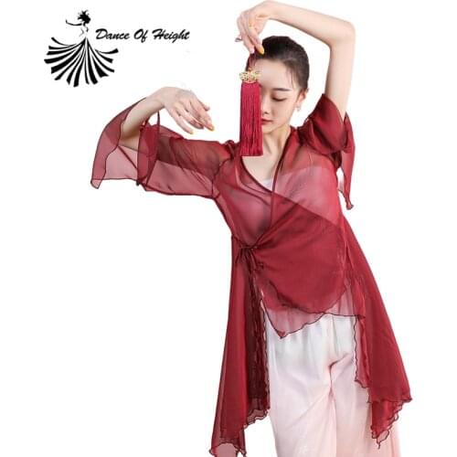 Womens Classical Dance Costume Sheer Flowy Hanfu Top Long Sleeve Chinese Folk Dance Shirt Dress Yuzanhua Design Solid Color XL