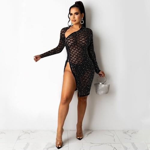 2021 Autumn Womens Fashion Temperament Pure Color Net Yarn Perspective Sexy Hot Drill Fork Zipper Splicing Dress