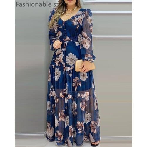 Women Deep V Neck Long Sleeve Print Maxi Dress