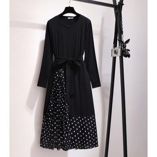 Plus Size Dress Women 2020 Spring New Large Loose Casual Long Sleeves Elastic Waist Dot Dresses Belt 2XL-7XL