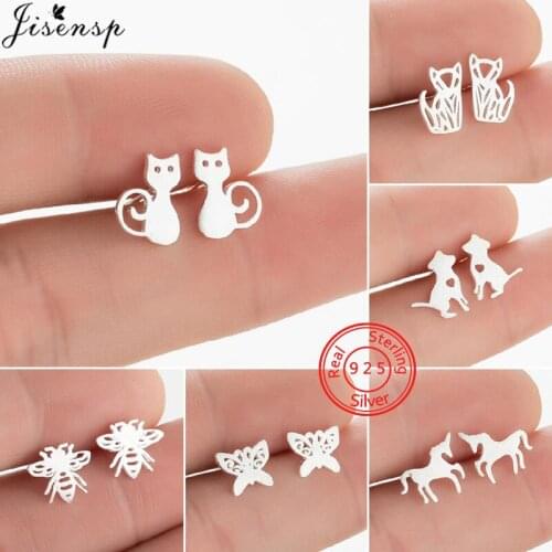Real 925 Sterling Silver Cat Paw Earrings for Women Girls Minimalist Fox Unicorn Butterfly Bee Stud Earing S925 Piercing Jewelry