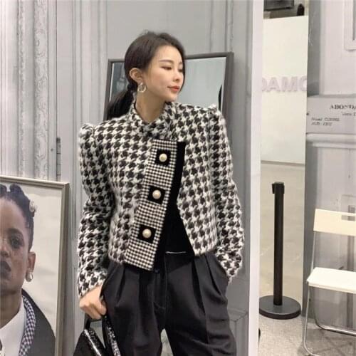 Brand Design Casual Woolen Houndstooth Coat Brushed Short Jacket Long-Sleeved Top Button Stand Collar Street Vintage Clothes