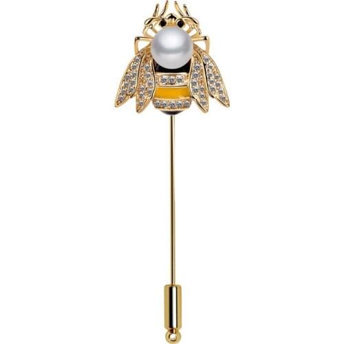 New Bee Pearl Lapel Pins Insect Crystal Rhinestone Long Neddle Pin Brooches for Women Female Suit Cardigan Badge Luxulry Jewelry