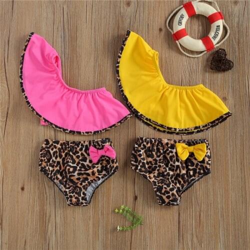 Meihuida 2021 Baby Swimsuit Suit Ruffled One Shoulder Leopard Print Bow Decoration Summer Beach Clothing Kids Swimwear