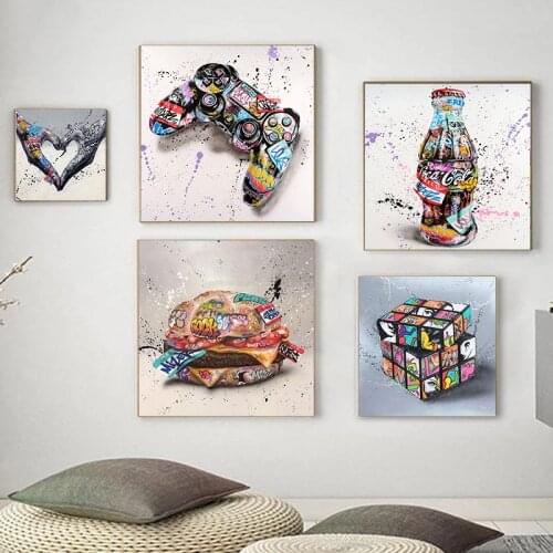 Hamburger Coke Gamepad Street Art Picture Graffiti Art Painting Creative Graffiti Poster Canvas Painting Aesthetic Decoration