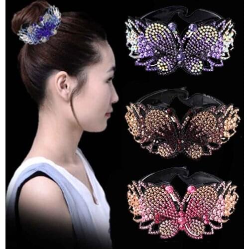 Haimekang New Meatball Hair Claws Clip Headwear For Women Rhinestone Butterfly Hairpin Fashion Ponytail Clip Hair Accessories