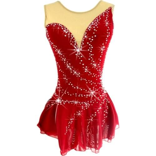 Custom Design Figure Skating Dress Sleeveless Crystals Red Spandex ballroom dance skirt Skating Dress