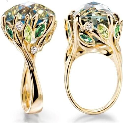 Fashion New Luxury Green Leaf Crystal Engagement Rings for Women Jewelry Hand Accessories Temperament Rings Size 5-11