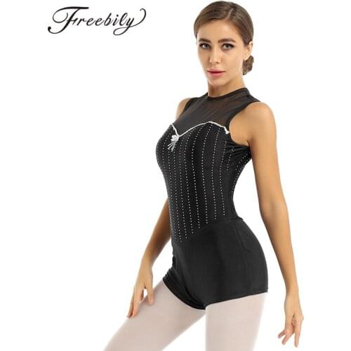 Women Adult One-piece Dancewear Round Neck Sleeveless Shiny Rhinestones Gymnastics Leotards Unitards Ballet Jazz Dance Costume