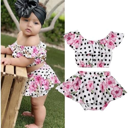2PCS Toddler Baby Girl Clothes Sets Flower Dot Tops Crop Tutu Shorts Outfits Sunsuit 0-3Y
