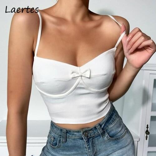 Laertes Summen Crop Top Women White Ptachwrok Bow Ruched Skinny Camisole Sexy Short Tank Top Bustier Ladies Club Party