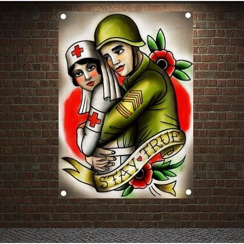 Nurse and soldier Tattoo Art Print Vintage Hanging Painting Banners Wall Decor Retro Posters Tapestry Canvas Flags Wall Sticker