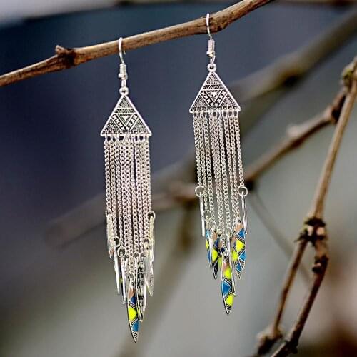 Mexican Gypsy Jewelry Luxury Long Earrings Silver Color Chain Tassel Geometric Carving Hollow Long Earrings 2020 Womens Gift