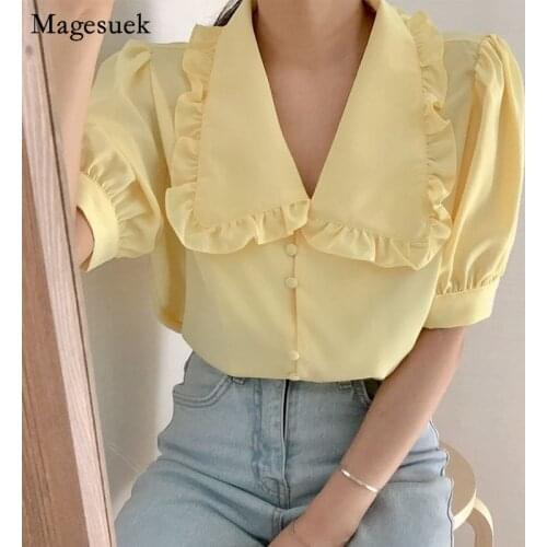 Sweet Short Chiffon White Blouse Women Ruffled Slim Women Shirt Tops Korean Chic Puff Sleeve Womens Blouses Blusas Mujer 10196