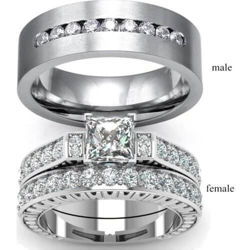 Charm Women Couple Rings Wedding Engagement Ring Men Stainless Steel Rings And Fashion Women Zircon Rings Set Gift