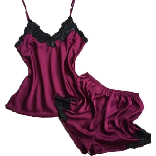 Sexy womens Lace Silk Satin Pajamas Sets Free Shipping 2016 New Design Short Pants Pyjamas Sets V-neck Suspenders Pijamas Sets