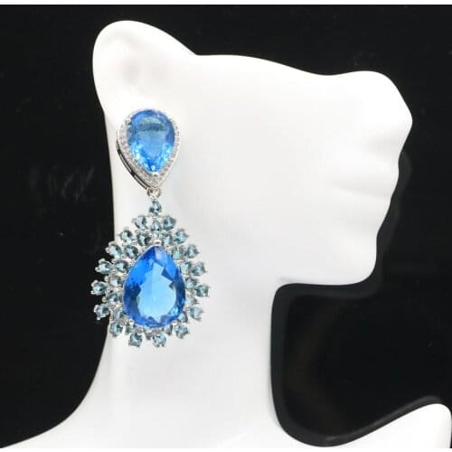 45x25mm Big European Design Big 13g Created Red Blood Ruby White Zircon Ladies Party Silver Earrings Eye Catching