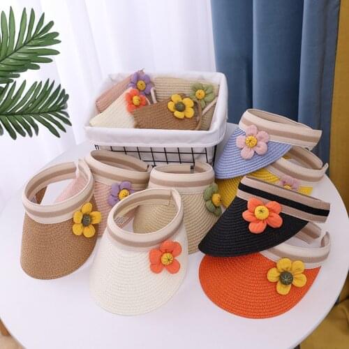 Cute child straw hat flower baby girl boy sunhat summer kid hat empty top hat bag outdoor beach panama