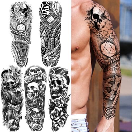 Skeleton Maori Temporary Tattoos Sleeve For Men Women Adult Black Skull Tattoo Sticker Large Skull Rose Flower Tatoos Halloween