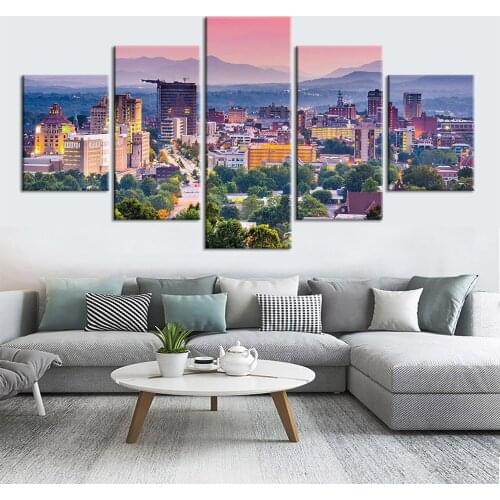 Modern Wall Art City Building 5 Panels Canvas Painting Landscape Posters Pictures for Living Bedroom Home Decor