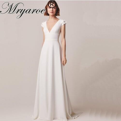 Mryarce V Neck Crepe Wedding Dress Short Sleeves Bridal Gowns