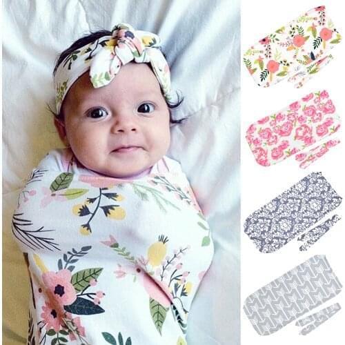 Newborn Floral Swaddle Wrap+ Headband Set Baby Knitted Receiving Blanket Infant Sleeping Bag Hair Band Baby Bedding Blanket